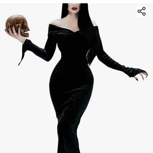 Women's black Mortician Addams Costume Black Velvet Dress, Large